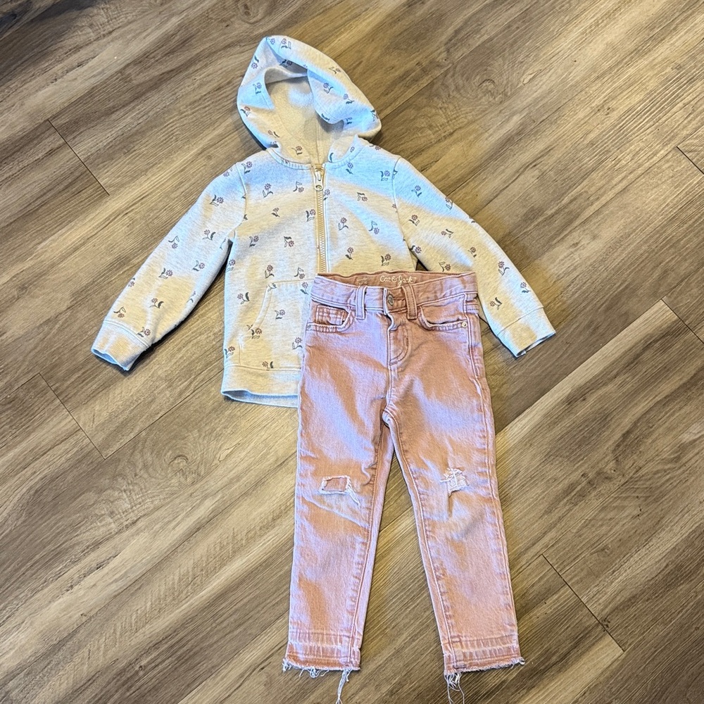 Cat & Jack Light Pink Distressed Kids Jeans & zip up sweater
